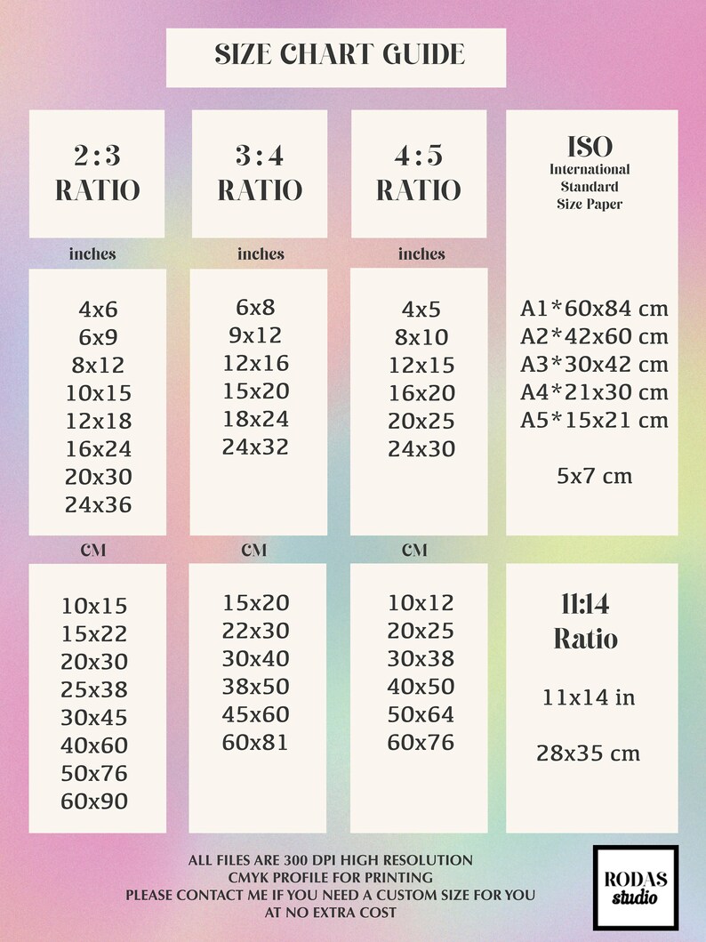 May include: A chart showing different size ratios for prints, including 2:3, 3:4, 4:5, and 11:14. The chart also includes standard ISO paper sizes in centimeters, such as A1, A2, A3, A4, and A5. The chart is labeled "Size Chart Guide".