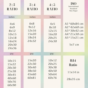 May include: A size chart guide for digital prints, showing different aspect ratios and corresponding measurements in inches and centimeters. The chart includes standard ISO paper sizes with their dimensions in centimeters.