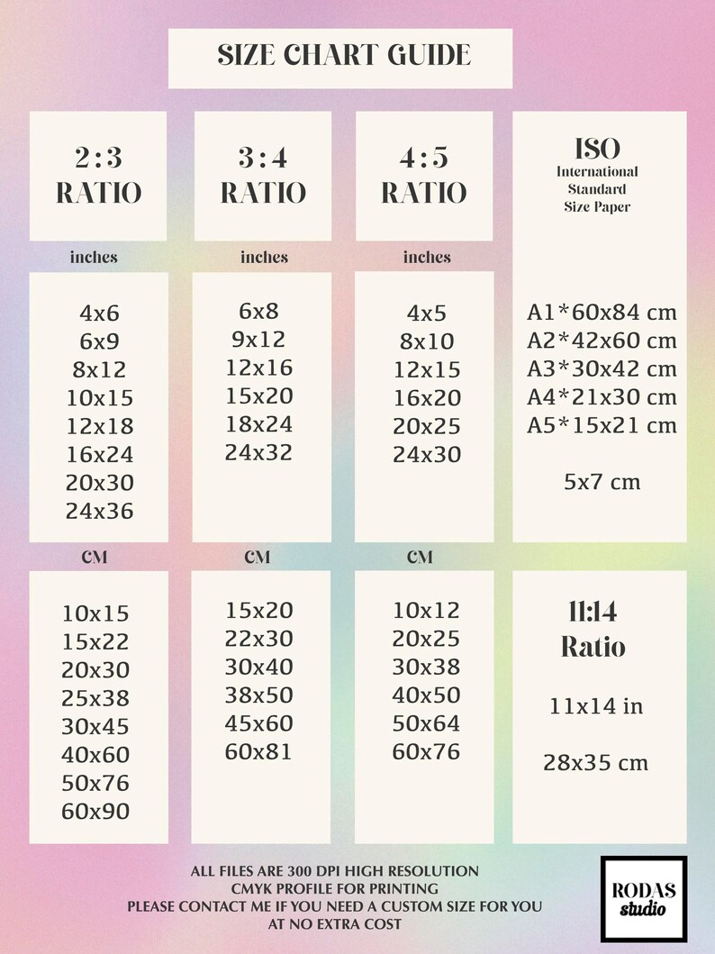 May include: A size chart guide for digital prints, showing different aspect ratios and corresponding measurements in inches and centimeters. The chart includes standard ISO paper sizes with their dimensions in centimeters.