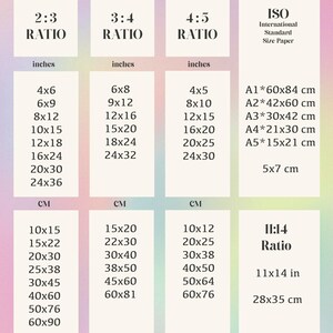 Może przedstawiać: Przewodnik po rozmiarach do wydruk&oacute;w cyfrowych, pokazujący r&oacute;żne proporcje i odpowiadające im wymiary w calach i centymetrach. Tabela zawiera standardowe rozmiary papieru w centymetrach, takie jak A1, A2, A3, A4 i A5.