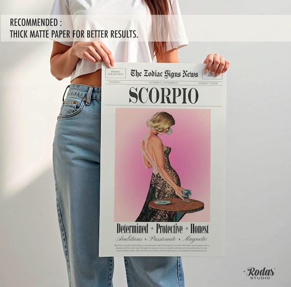 Scorpio Wall Art, Retro Newspaper Poster, Scorpio Birthday Gift, Digital Download
