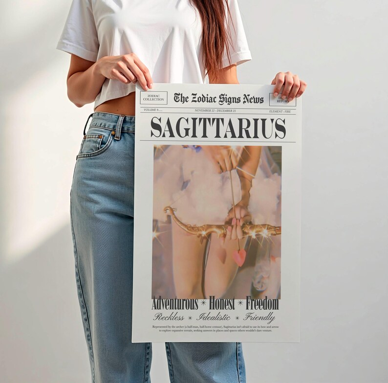 Impresión de Sagitario, Impresión de periódico retro, Póster de astrología, Descarga digital imagen 7