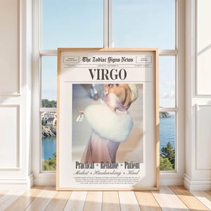 Op de afbeelding: Een ingelijste print met een vintage krantenontwerp, met de kop "VIRGO". De afbeelding toont een vrouw in een roze jurk en een witte bontstola. De tekst bevat "Praktisch, Betrouwbaar, Geduldig, Bescheiden, Hardwerkend, Vriendelijk."