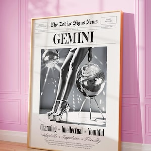 Gemini Retro Newspaper Print, Digital Download, Girly Room Decor