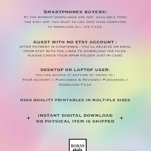 May include: A digital download guide with instructions on how to download digital files from Etsy for both smartphone and desktop users. The guide includes information about downloading files after payment is confirmed, checking your spam folder, and accessing files from your Etsy account.