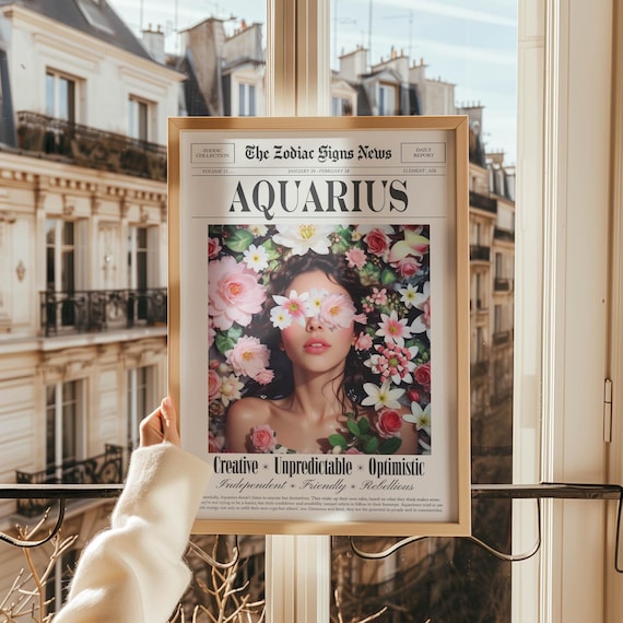 Aquarius Zodiac Print, Retro Newspaper Wall Art, Aquarius Gift for her, Digital Download