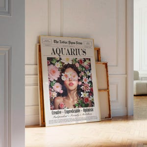 Aquarius Zodiac Print, Retro Newspaper Wall Art, Aquarius Gift for her, Digital Download image 6