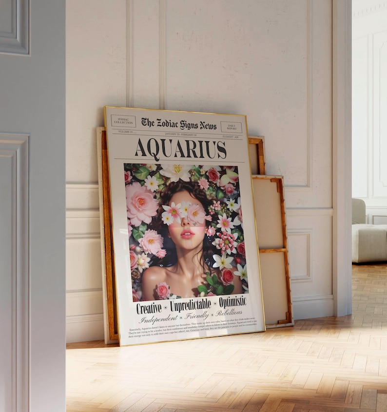 Aquarius Zodiac Print, Retro Newspaper Wall Art, Aquarius Gift for her, Digital Download image 6