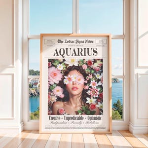Aquarius Zodiac Print, Retro Newspaper Wall Art, Aquarius Gift for her, Digital Download image 2