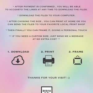 May include: A graphic with instructions on how to download, print, and frame digital art. The text reads "How it works?" and includes the steps "1. Download", "2. Print", and "3. Frame". The graphic also includes a cloud with a downward arrow, a printer, and a picture frame.