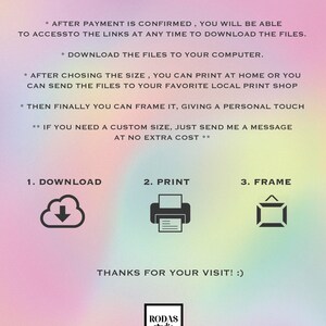 May include: A graphic with instructions on how to download, print, and frame digital art. The text reads "How it works?" and includes the steps "1. Download", "2. Print", and "3. Frame". The graphic also includes a cloud with a downward arrow, a printer, and a picture frame.