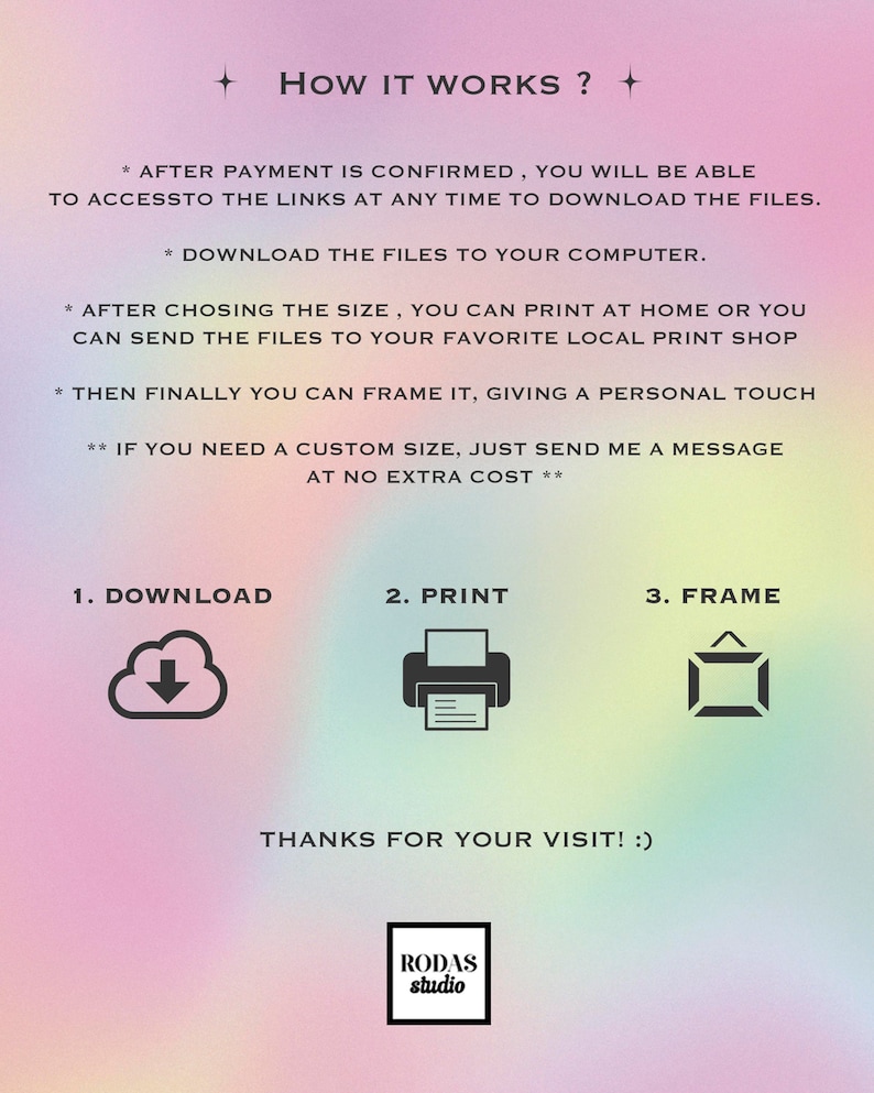 May include: A graphic with instructions on how to download, print, and frame digital art. The text reads "How it works?" and includes the steps "1. Download", "2. Print", and "3. Frame". The graphic also includes a cloud with a downward arrow, a printer, and a picture frame.