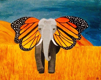 Large Elephant butterfly acrilic painting, monarch ears, african savannah