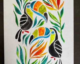 MELTED CRAYON! Toucan Bird Tropical Love Birds Melted Crayon Art- Canvas- gift ideas- handmade- Crayola-unique- CRAYONS!