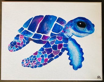 Galaxy Space Sea Turtle Melted Crayon Art- 11X14 inch canvas- non profit support- unique handmade art work