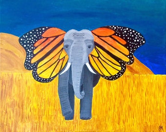 Elephant  Monarch Butterfly acrylic painting PRINT card decoration gift fundraiser