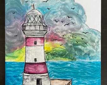 MELTED CRAYON! Lighthouse Storm Sea Ocean Melted Crayon Art- Canvas- gift ideas- handmade- Crayola-unique- CRAYONS!