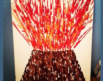 Volcano Melted Crayon Art- 11X14 inch canvas- non profit support unique handmade artwork