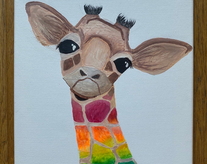 Rainbow Giraffe Melted Crayon Art- 11X14 inch canvas- non profit support- unique handmade art work