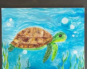 MELTED CRAYON! Sea Turtle Ocean Melted Crayon Art- Canvas- gift ideas- handmade- Crayola-unique- CRAYONS!