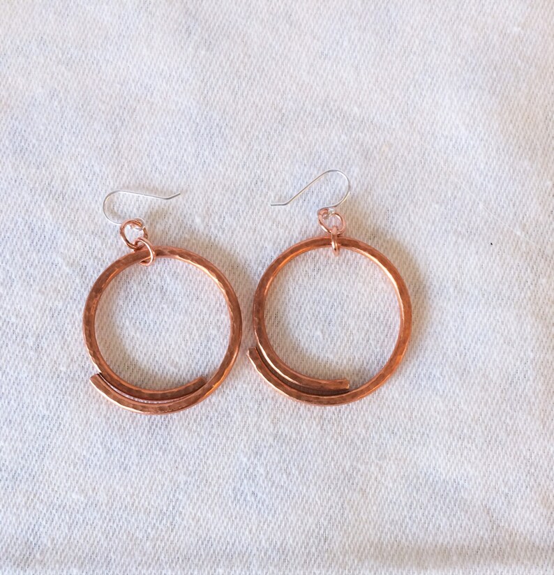 Copper earrings Circle-Hoop-Handcrafted copper copper earrings-sterling silver ear wires. image 3