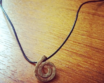 Copper spiral pendant- upcycled necklace- hammered finish on a black leather cord- green gift.
