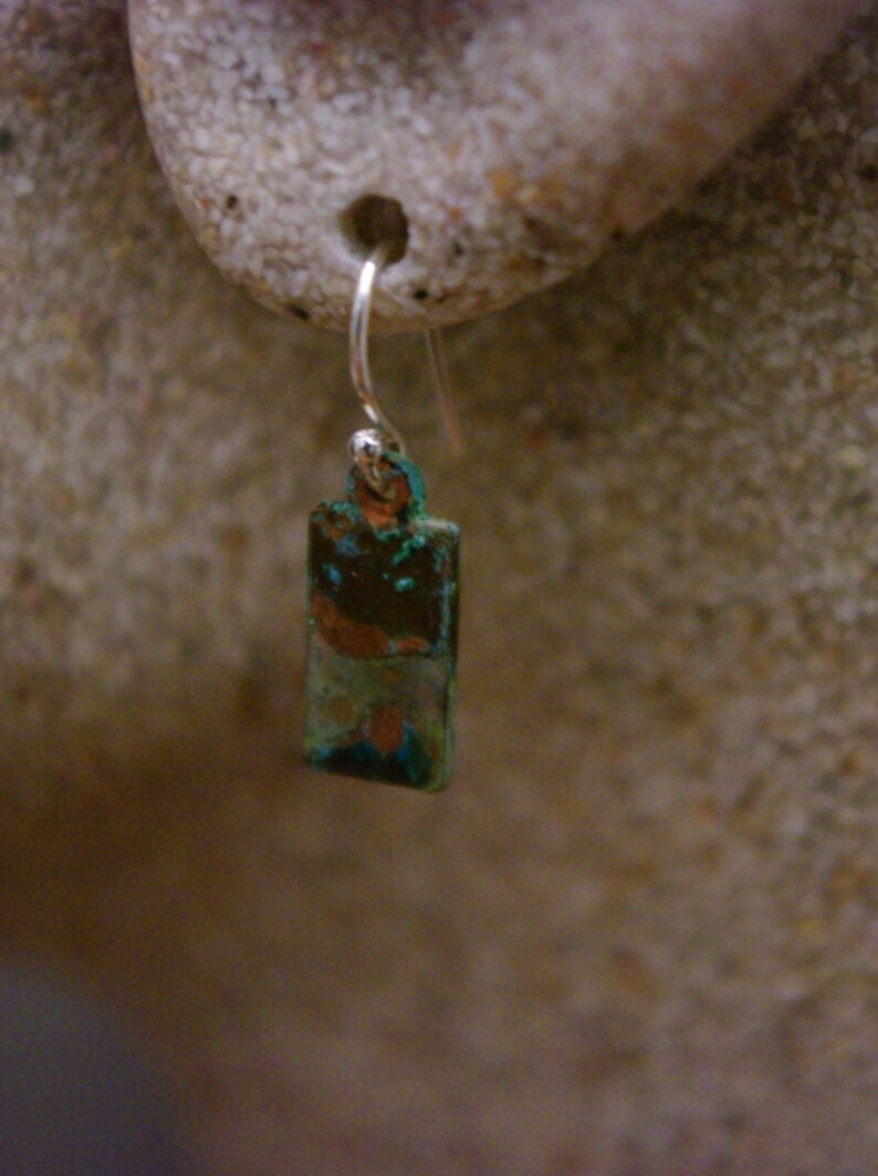 Copper dangle earrings Dainty green/blue copper patina salt patina image 1