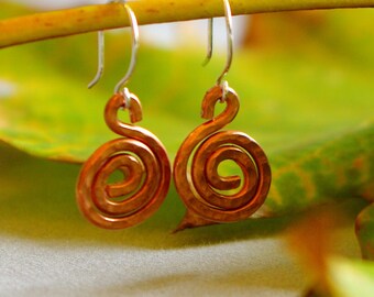 Spiral earrings-Silver dangle-Handcrafted copper- spiral earrings - sterling silver ear wires.