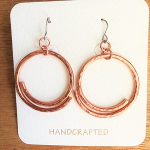 Copper earrings Circle-Hoop-Handcrafted copper copper earrings-sterling silver ear wires. image 2