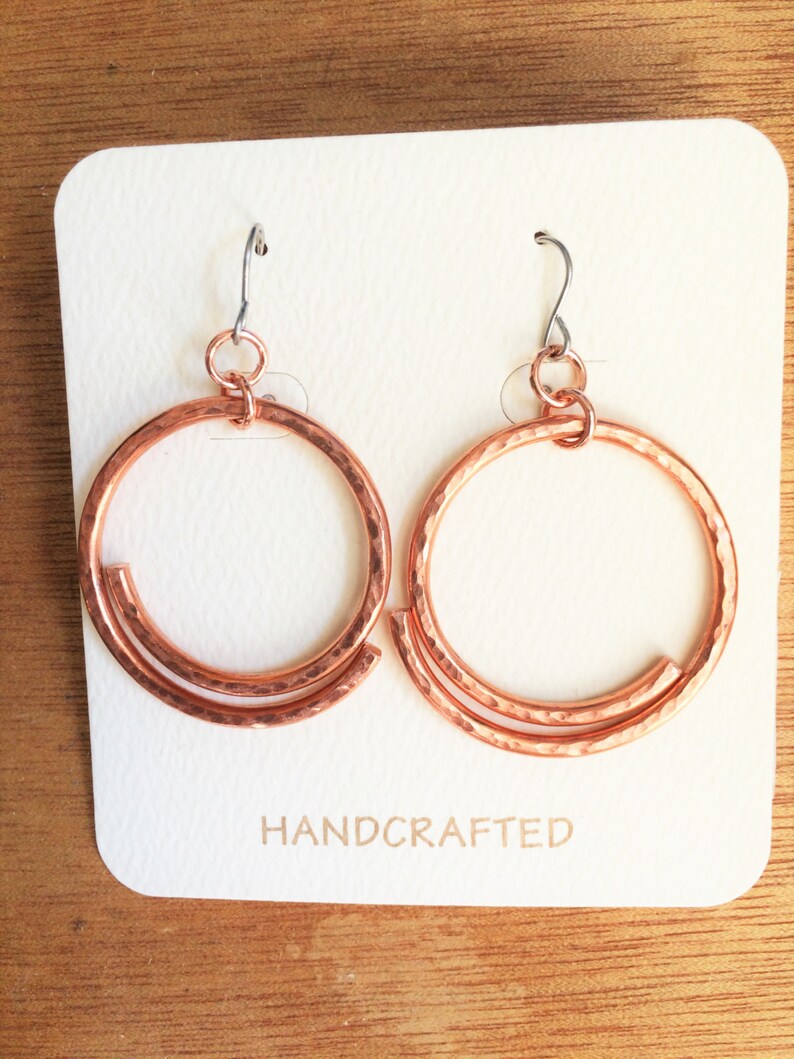 Copper earrings Circle-Hoop-Handcrafted copper copper earrings-sterling silver ear wires. image 2