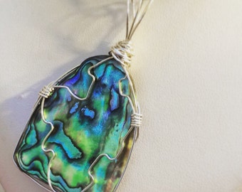 Abalone necklace- wire wrap - silver pendant- Paua shell necklace, handcrafted in silver setting.