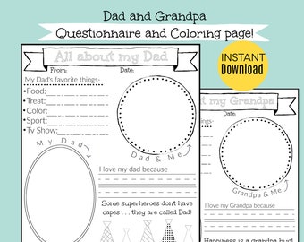 All about Dad Fill in the blank for Father's Day, Coloring page, questionnaire for Dad and Grandpa