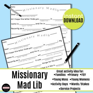 Puede incluir: Dos hojas de actividades en blanco "Missionary Mad Lib" con un bolígrafo negro y un círculo verde lima "Descarga instantánea". Las hojas tienen espacios en blanco para "Missionary name", "adjective", "mission", etc. El texto inferior dice "Missionary Mad Lib".