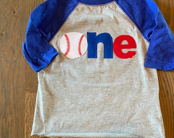 One baseball raglan shirt, royal blue  any color any team customized first birthday baseball theme shirt, 1st birthday sports shirt