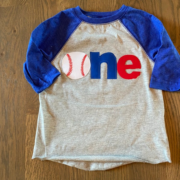 One baseball raglan shirt, royal blue  any color any team customized first birthday baseball theme shirt, 1st birthday sports shirt