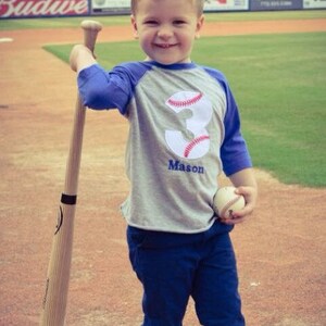 3 baseball birthday raglan shirt, boys baseball birthday shirt, baseball monogram, custom baseball shirt, blue raglan, embroidered baseball image 3