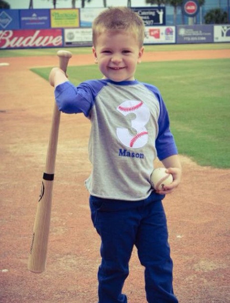 3 baseball birthday raglan shirt, boys baseball birthday shirt, baseball monogram, custom baseball shirt, blue raglan, embroidered baseball image 3