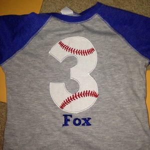 3 baseball birthday raglan shirt, boys baseball birthday shirt, baseball monogram, custom baseball shirt, blue raglan, embroidered baseball image 1