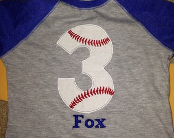 3 baseball birthday raglan shirt, boys baseball birthday shirt, baseball monogram, custom baseball shirt, blue raglan, embroidered baseball