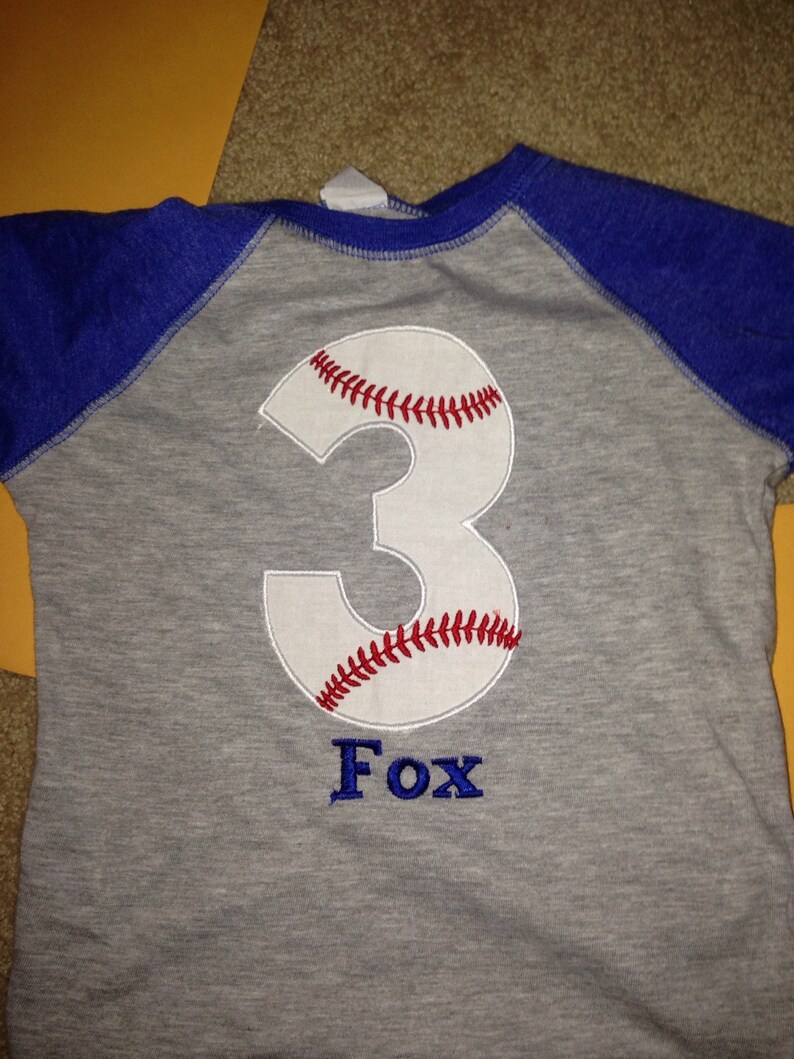 3 baseball birthday raglan shirt, boys baseball birthday shirt, baseball monogram, custom baseball shirt, blue raglan, embroidered baseball image 1