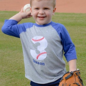 3 baseball birthday raglan shirt, boys baseball birthday shirt, baseball monogram, custom baseball shirt, blue raglan, embroidered baseball image 2