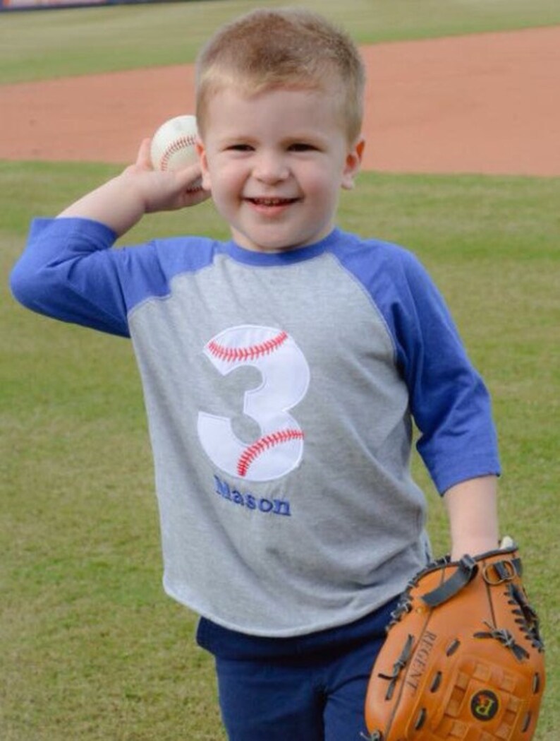 3 baseball birthday raglan shirt, boys baseball birthday shirt, baseball monogram, custom baseball shirt, blue raglan, embroidered baseball image 2