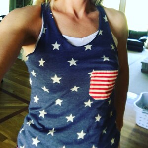 Women's Stars and Stripes patriotic racerback tank, American stars tank, 4th of july womens tank, Independence Day clothes, low impact dyed