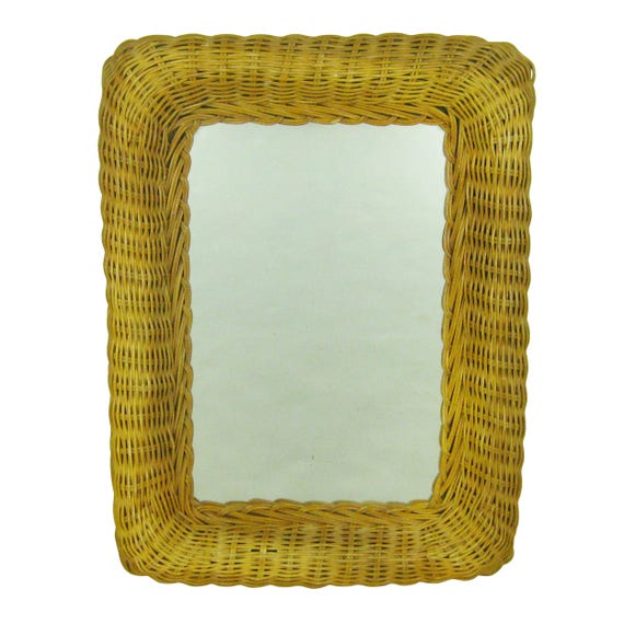 Vintage Natural Wicker Wall Hanging Mirror Wood Frame Mount 13 X 17 Rattan Framed Boho Decor