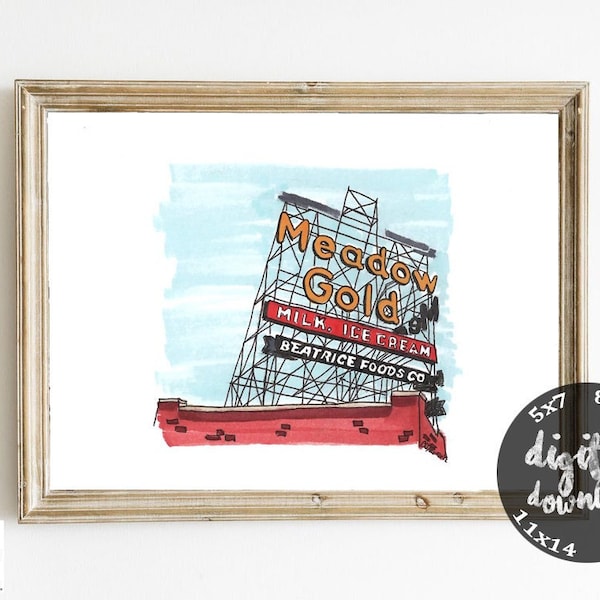 Meadow Gold District Sign Route 66 Illustration Hand-drawn by Cassie D'Alonzo (Digital Download)