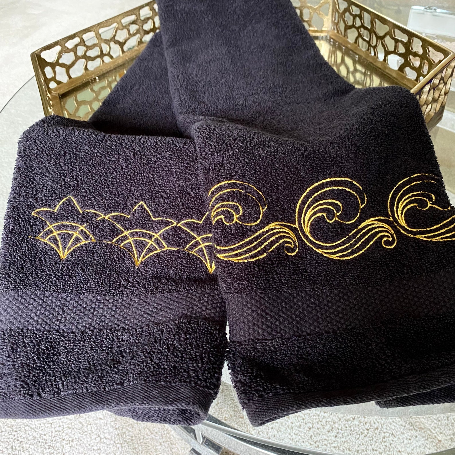 Gold on Black Embroidered Hand Towel Etsy