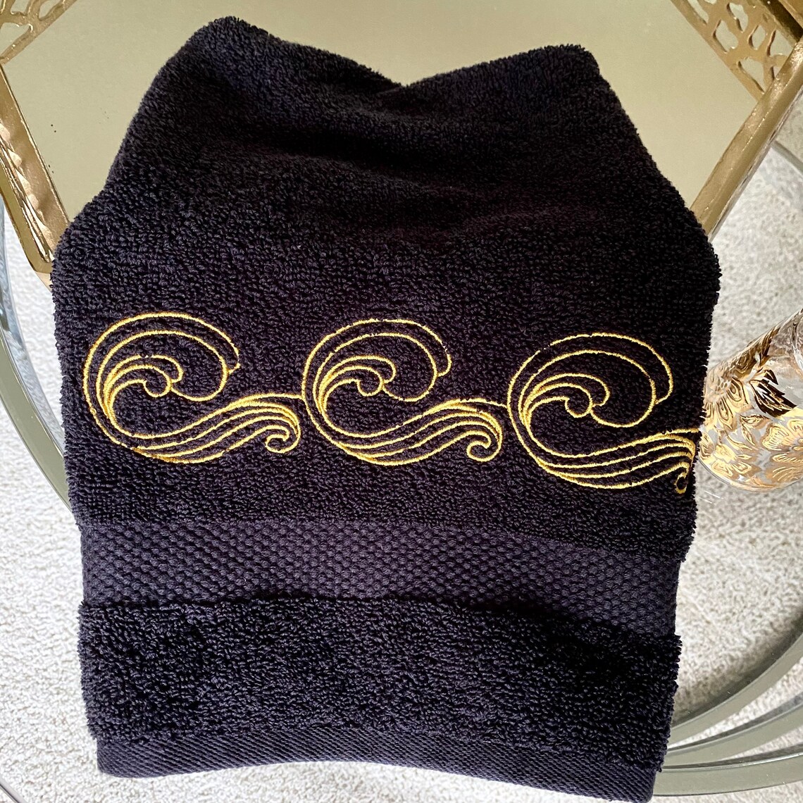 Gold on Black Embroidered Hand Towel Etsy