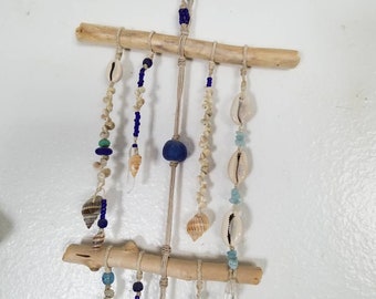 Driftwood & Sea Glass Wall Hanging, Hemp Gemstone Wall Art, Tiered Sea Glass Shells Sun Catcher, Beachy Home Decor, Hemp Sea Glass Mobile