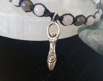Macrame Goddess Rose Quartz & Labradorite Choker Necklace, Feminine Healing Jewelry, Pale Pink Goddess Necklace, Handmade Gemstone Jewelry