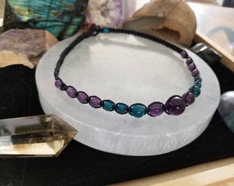 Amethyst & Blue Apatite Choker, Macrame Protective Gemstone Necklace, Necklace for Strength, Handmade Necklace, Hemp Macrame, Gift for Her